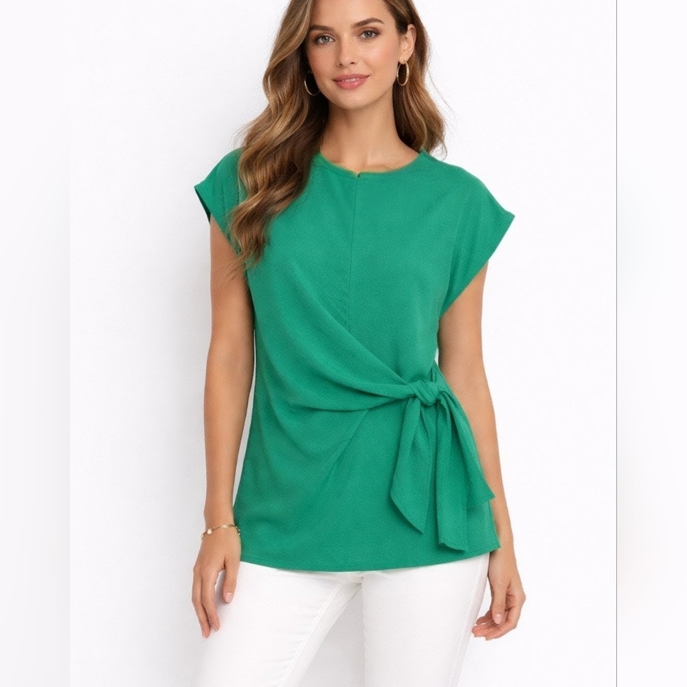 Gibson Petite Green Draped Side Tie Blouse PXXS
